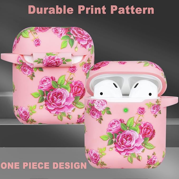 Flower Silicone Compatible with Airpods Case, Gawnock Soft Case Cover Flexible for Compatible with Airpods 2nd/1st Generation Floral Print Cover for Women Girls with Keychain - Pink Flower