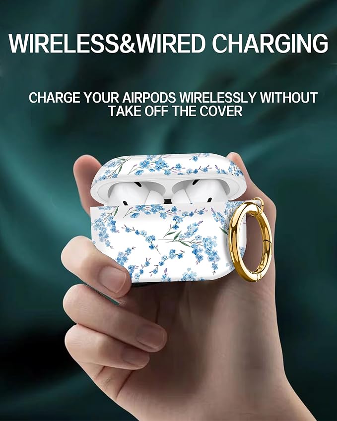 Cute Hard Case Compatible with AirPods Pro 2nd/1st Generation, Protective Cover with Golden Keychain, Fits 2023/2022/2019 Models, for Women, Girls, and Men(Blue Flower
