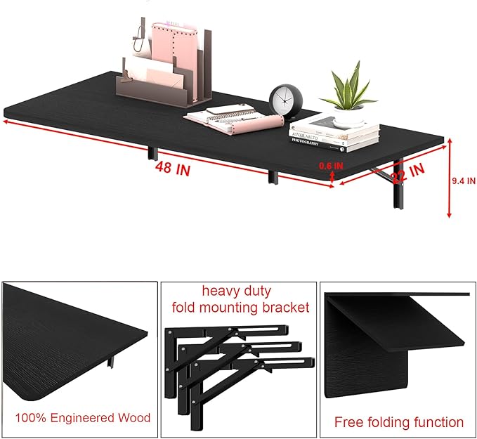 IAE 48" x 22" Floating Foldable Desk,Wall-Mounted Folding Computer Table with Engineered Wood,Study Table with Shelf Brackets,Fold Down Shelf,Fold Computer Desk for Small Spaces,Holds 500 lb,Black