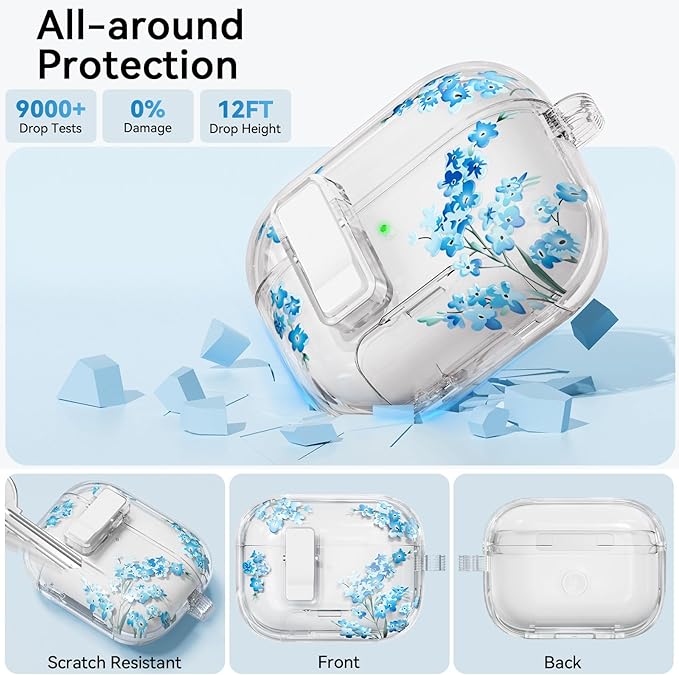 for AirPods Pro 2 Case Cute with Lock, Soft Clear Floral Case Cover for Apple AirPods Pro 2nd/1st Generation for Women Girly with Keychain Ring, with Phone Stand & Cleaning Kit -Blue Flower