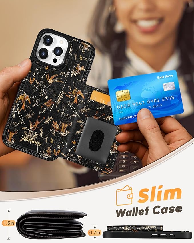 for iPhone 16 Pro Max Case with Wallet - Fits 4 Card Slots, Compatible with MagSafe for Women Aesthetic PU Leather Credit Card Holder Kickstand Phone Cover for Apple 16 Promax, Yellow Bird