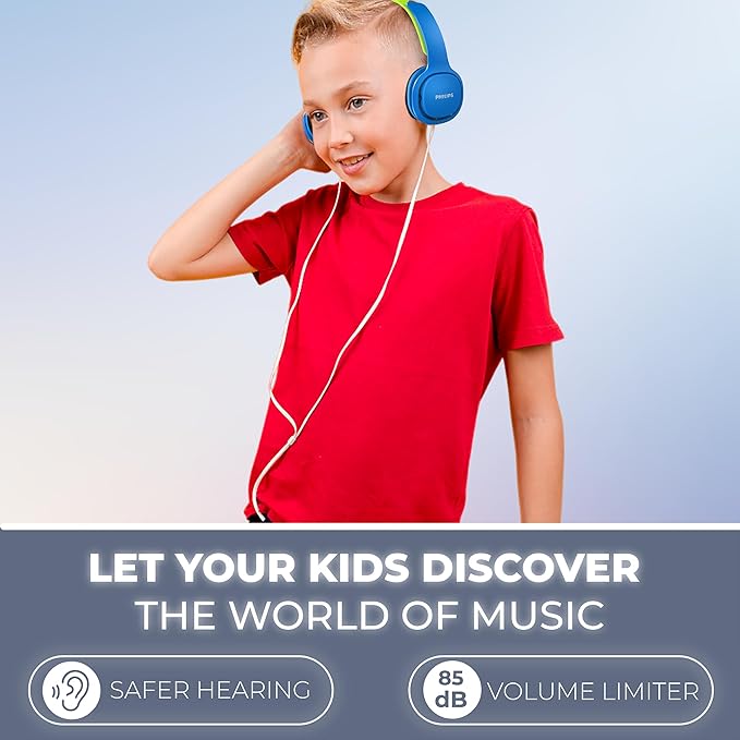 PHILIPS Kids Headphones with Cord, On-Ear Wired Headphones for Kids with Comfortable Fit & Clear Stereo Sound, 85dB Volume Limiter Headset for School/Tablet/iPad/Kindle, Ideal for Boys & Toddlers