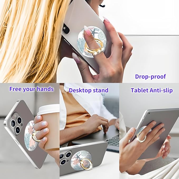 Magnetic Phone Ring Holder Compatible with MagSafe, Cute Phone Grip Stand with 360° Rotation Gold Glitter Finger Ring Kickstand Accessories for Most Phones Cute Seastar