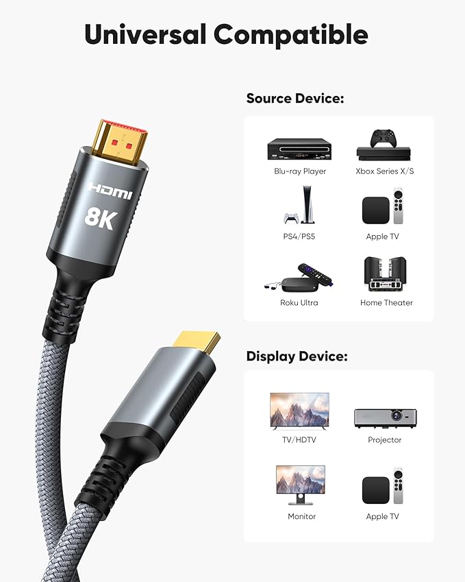 Snowkids 8K HDMI Cable 25 FT Grey, 48Gbps Ultra High-Speed HDMI 2.1 Cables Cord, 10K 8K@60Hz, 4K@120Hz Compatible for TV/Laptop/Monitor/PS-5/X-box/Projector/Entertainment, Sound System & More