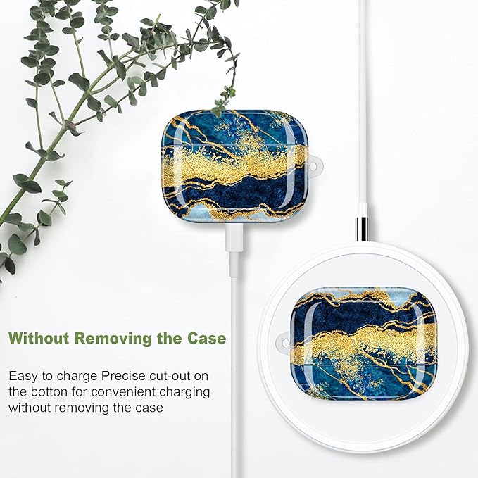 JIAXIUFEN Compatible with AirPods Pro Case Cover Gold Sparkle Glitter Marble Design Cute Full Protective Silicone TPU Skin Accessories for Women Girl Dark Blue