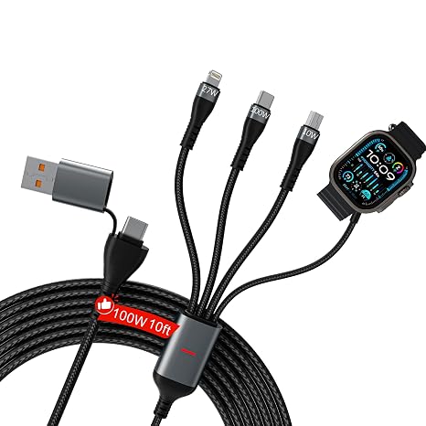 100w 10ft 4-in-1 Multi Charging Cable for Apple Watch - Braided Long Fast Charger Cord with Magnetic Apple Watch Charger, USB-C, Lightning & Micro USB for iWatch, iPhone, iPad, Android, Tablet, Laptop - Image 5