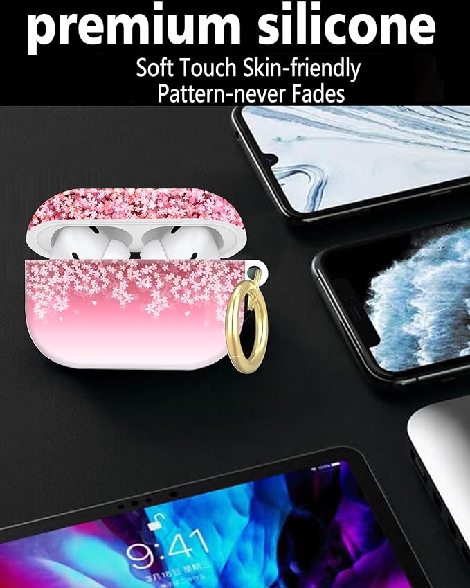 Compatible with AirPod Pro 2nd/1st Generation Case Cover with Key Chain,Full Protective Shockproof Wireless Headphone Case for Airpod Pro 2023/2022/2019(Cherry Blossom)