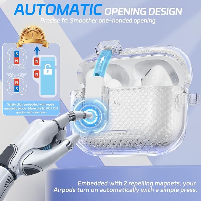 for AirPods Pro 2 Case with Phone Stand & Secure Lock, Auto-Open Clear Cover Compatible with Apple AirPods Pro 2nd/1st Gen (2023,2022,2019) with Cleaning Kit & Keychain (W-White)