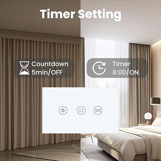 Smart Curtain Switch Neutral Wire Required, 2.4GHz WiFi Dimmer Light Switch with Remote Voice Control, Tempered Glass Panel, Compatible with Alexa and Google Home, White WiFi Curtain