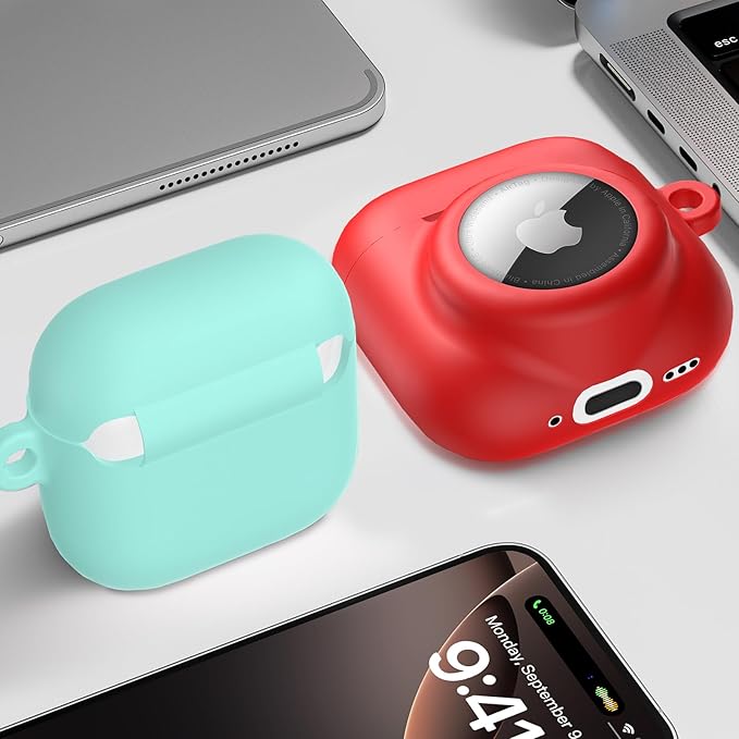2 in 1 Silicone Case Compatible with AirPod 4 and AirTag 2/1, Shockproof Protective Skin Cover for AirPods 4th Generation with Cleaner Kit & Carabiner (Mint Green)