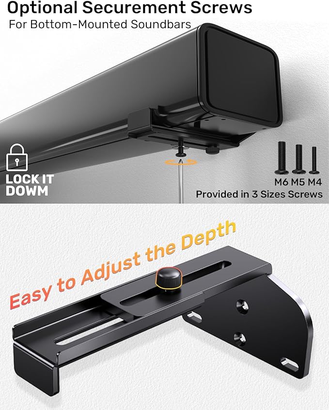 Soundbar Wall Mount Bracket [Easy to Install/All-Metal], Depth Adjustable 3.3"-6.5" -Compatible with Samsung,Bose,Vizio,LG,Sony,JBL Sound Bars-Holds Up to 38 LBS, Perfect for Sound Bar Mounts Under TV