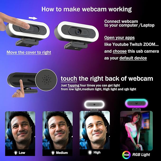 2K USB C Camera Autofocus PC Webcam with Dual Microphones/Ring Light/Fill RGB Light/Cover, 65°FOV, Plug and Play Web-Cam Streaming Web Camera for Desktop Computer Laptop Mac Zoom