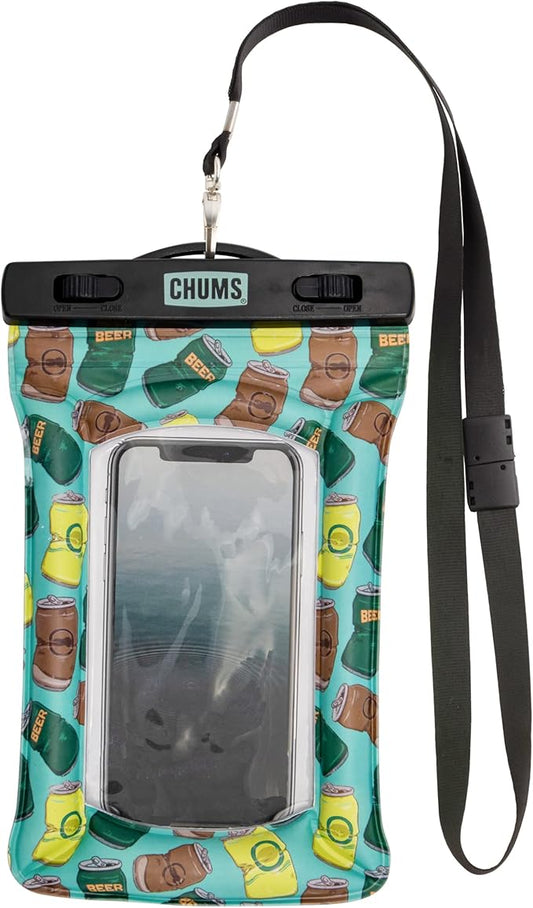Chums Floating Phone Case with Lanyard - Touchscreen Compatible Waterproof Phone Case & Pouch (Beer Can Happy Hour)