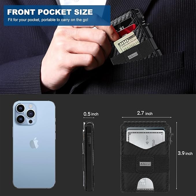 Pop Up Wallet for Men with Money Clip, Slim Minimalist-Business Card Case,Carbon Fiber Slots Credit Card Holder RFID Blocking Bifold Slim Wallet with ID Window(Black Slim Wallet for Men Gift)
