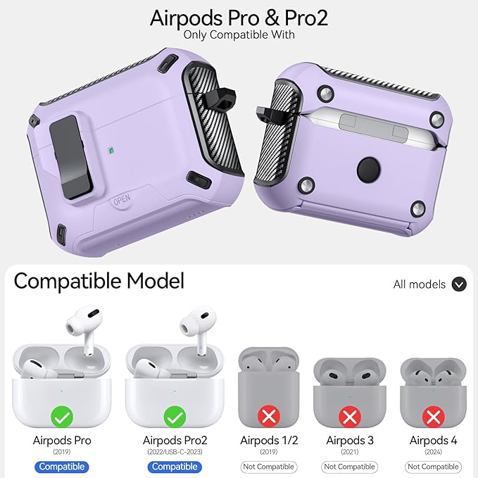 for AirPods Pro 2nd/1st Case (2023/2022/2019) with Phone Stand,（with Automatic Snap Switch） Carbon Fiber Design Protection Cover with Cleaning Pen,Purple