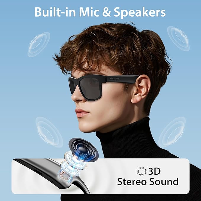 AIRMARS Bluetooth Glasses for Men and Women, Polarized Smart Glasses with Speakers,Smart Wireless Headphone Glasses for Athletic/Outdoor UV Protection/Voice Assistant