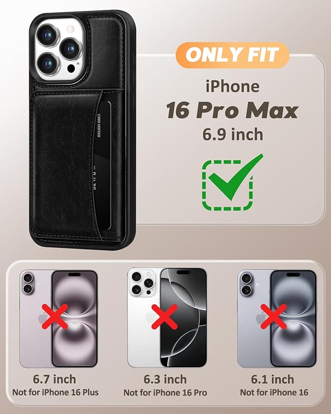 for iPhone 16 Pro Max Case with Wallet - Fits 4 Card Slots,Compatible with MagSafe for Women Men Durable PU Leather Credit Card Holder Kickstand Phone Cover for Apple 16 Promax, Black