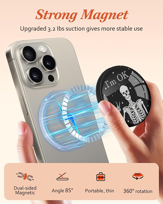 Kidcube Magnetic Phone Grip Compatible with Magsafe - Cell Phone Grip Stand Ring Holder Magnet Kickstand Removable Accessories for iPhone 16 Pro Max/16/15/14/13/12 Series Women Cute Funny Skull