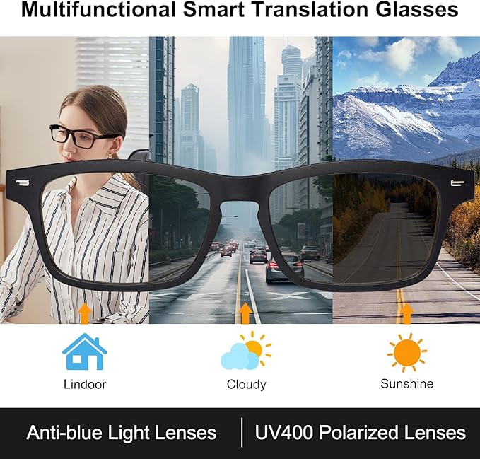 AI Glasses for Men Women, AI Translator Powered by ChatGPT with Real-Time Translation(160+Languages), UV400 Photochromic Lenses Smart Sunglasses, Bluetooth Glasses for Travel/Business/Study