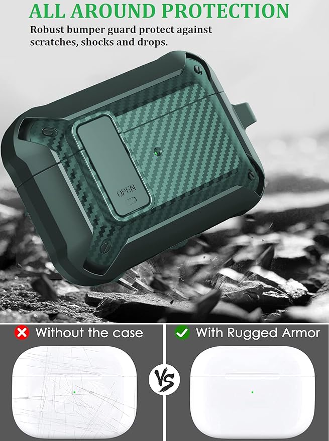 for Airpods Pro 2/1 Gen Case Cover with Lock Clip (2019/2022/2023), Rugged Locking Protective Case for Airpod Pro 2nd Generation Shockproof Armor Skin for Apple iPod Pro, Army Green
