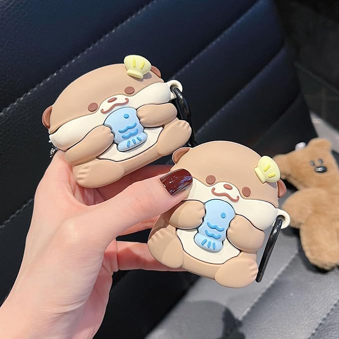 Case Compatible with Airpods 1 & 2, 3D Cute Kawaii Baby Otter Design Keychain Case Cover, Portable Earbuds Accessories Soft Silicone Shockproof Wireless Earphone Protector with Hook