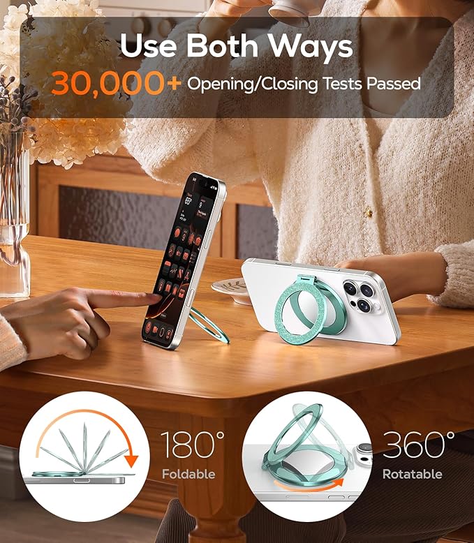 Upgraded Magnetic Phone Ring Stand Built in Mirror for Magsafe, [Electroplated & Glitter], Phone Ring Holder Grip Kickstand for iPhone 17 Pro Max 16 15 14 13 12 Series for Girl Women, Teal