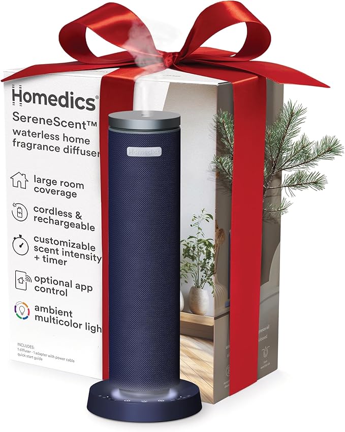 Homedics SereneScent Fabric Rechargeable Waterless Diffuser, Use with Homedics SereneScent Oil 120ml (Sold Separately) Cordless Aromatherapy, Adjustable Mist & Timer, 6 Calming Lights, Future Dusk