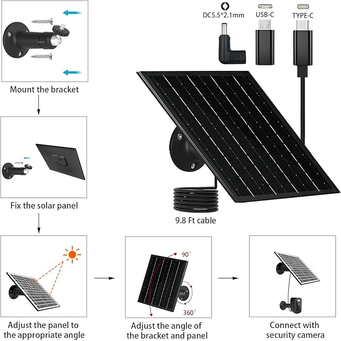 Solar Panel for Security Camera 5V 6W USB Solar Panel Charger Type-C Port、Micro USB Port＆DC Port Solar Sanels for Cameras with 9.8ft Charging Cable Charging Power IP65 Waterproof (2 Pack Black)