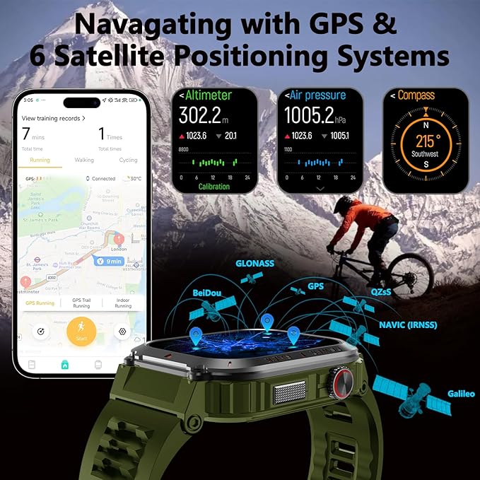Military GPS Smart Watch for Men Pressure/Altitude/Compass,Fitness Smart Watch for Android Phones and iPhone,Outdoor Waterproof Fitness Tracker with Blood Oxygen/Heart Rate/Sleep/100+ Sport Modes