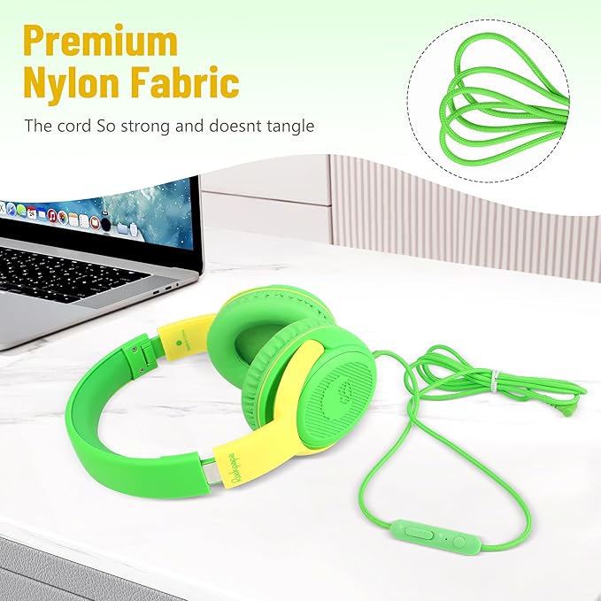 rockpapa Share 1 Kids Headphones Wired with Microphone & Share Port, 85dB/94dB Volume Limited, Cute Foldable Student Child Boys Girls Headphones for School/Travel Green/Yellow+Blue/Orange
