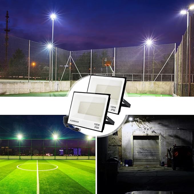 100W LED Flood Lights Outdoor, 10000LM Super Bright Flood Light with Plug, IP66 Waterproof Safety Work Lights for Yard, Garden, Playground, Basketball Court (2 Pack)