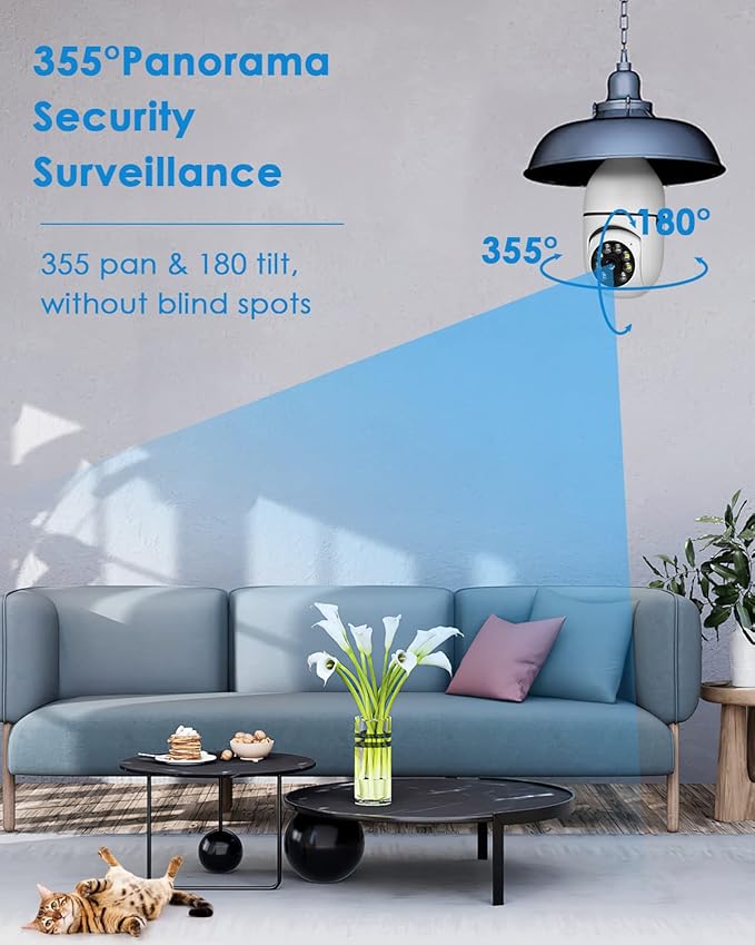 Light Bulb Security Camera Wireless Outdoor Indoor 2.4G WiFi Security Cameras for Home Security 360° PTZ Camera Motion Detection and Alarm Two-Way Audio Based E27 Light Bulb Socket