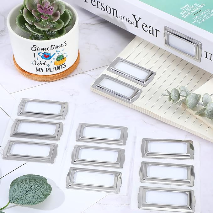 24 Pcs Self Adhesive Metal Bookplates for Books Card Horizontal Clip Label Holders Metal Drawer Tag Silver Label Plate for Office Library Book File Cabinet Drawer Tag Teacher School Classroom