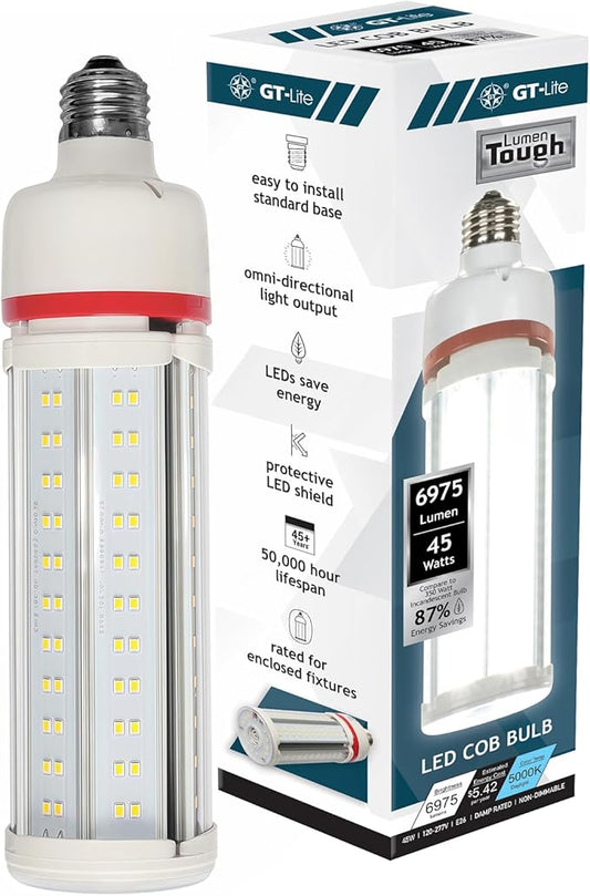 GT-Lite Commercial LED COB Light Bulb, 45W, 6975 Lumens, E26 Base, High Efficiency, Energy Saving, Damp Rated, Easy Installation, for Garage, Workshop, Warehouse, Basement