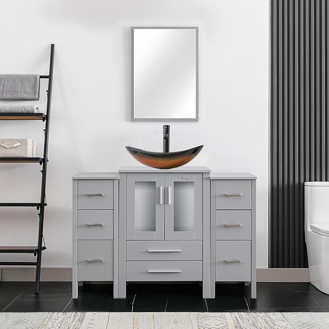 eclife 48" Modern Bathroom Vanity Sink Combo Freestanding Cabinet with Small Side Cabinet, Brown Boat Glass Vessel Sink, Water Save Faucet, Drain (Gray+A29BR)