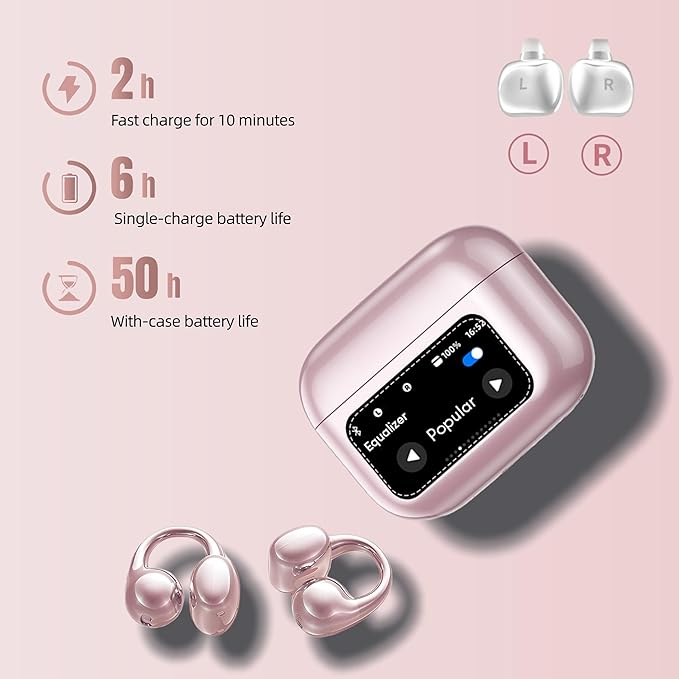 Open Ear Earbuds,Clip On Earbuds Wireless Bluetooth 6.0 with LCD Touchscreen, Lightweight Comfort Bone Conduction Headphones for Sports, Fitness, and Workouts, Rose Gold