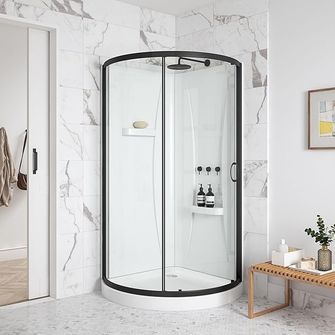 OVE Decors Breeze 32 in. Corner Shower Clear Sliding Door with Included Walls and Base in Black Finish
