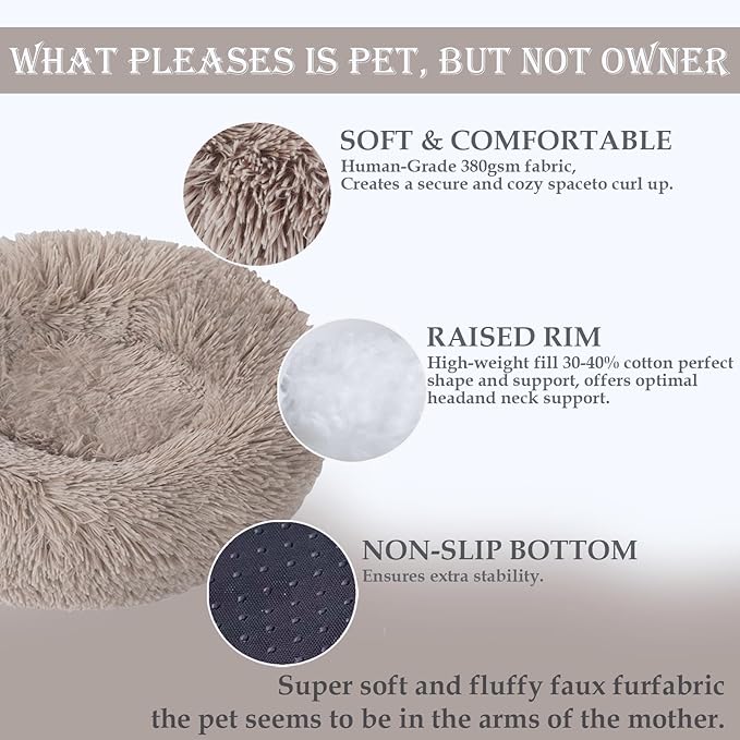 Calming Dog & Cat Bed for Extra Large Small Medium Sized Pet, Donut Washable Comfort Fluffy Warm Round Mat for Puppy Kitten, 8 Size Essentials Furniture Supplies Indoor