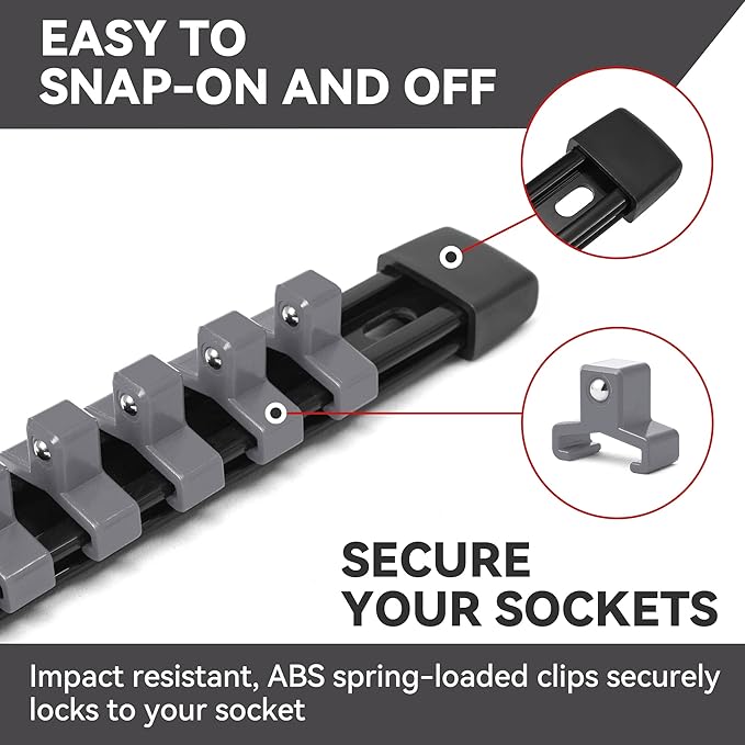 ALOANES 12PC ABS Socket Organizer, Socket Rails Fit 1/2 inch, 3/8 inch and 1/4 inch Drive, Heavy Duty Socket Holders Hold up to 172 Sockets, Black Rails with Grey Clips