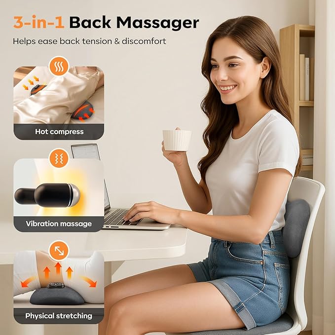 Smooth Triple Fusion Back Massager,with Heat, Vibration & Lumbar Traction - Deep Tissue Lumbar Pillow for Lower Back Pain Relief, Relaxation for Home, Office - Corded Electric（Dark Gray）