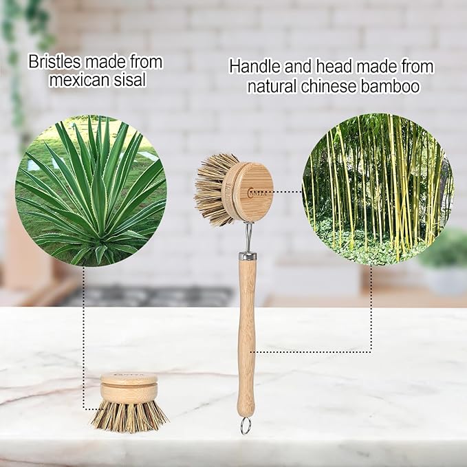 Bamboo Dish Scrubber 4 Replacement Heads, Natural Dish Scrub Brush Sustainable & Biodegradable, Bamboo Dish Brush with Handle for Cleaning Cast Iron Pan/Pot(Hard Bristles)