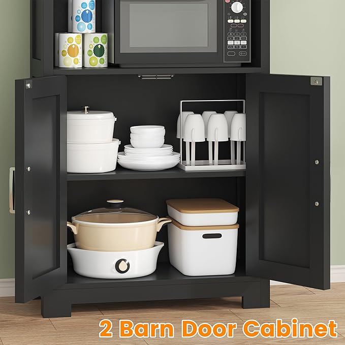 Semoic 55" Farmhouse Kitchen Pantry Cabinet, 5-Tier Pantry Storage Cabinet with 2 Barn Doors and Drawer, Tall Sideboard Buffet Cupboards Storage Shelf for Home Office Use (Black 12" D x 24" W x 55" H)