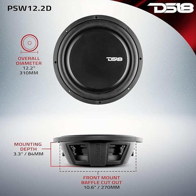 DS18 PSW12.2D 12" Shallow Mount Subwoofer 1200 Watts Max Power 600 Watts RMS Dual Voice Coil 2+2 OHMS Water Resistant - Best Sub for Tight Spaces in Car & Trucks - 1 Speaker