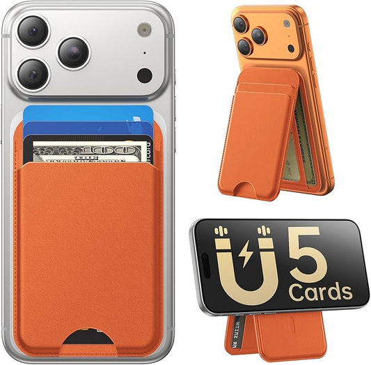for MagSafe Wallet with Stand, 5 Card Holder, Slim Leather Magnetic Wallet for iPhone 17/16/15/14/13/12 Pro Max Plus Air Series, 3 Card Slots & 1 Cash Slot,Orange