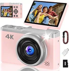 4K Digital Camera for Photography, 64MP Point and Shoot Digital Cameras with 16X Digital Zoom, 2.4‘’ 180°Flip Screen Compact Travel Camera Auto Focus Vlogging Camera for YouTube Video (Pink)