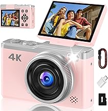 4K Digital Camera for Photography, 64MP Point and Shoot Digital Cameras with 16X Digital Zoom, 2.4‘’ 180°Flip Screen Compact Travel Camera Auto Focus Vlogging Camera for YouTube Video (Pink) - Image 1