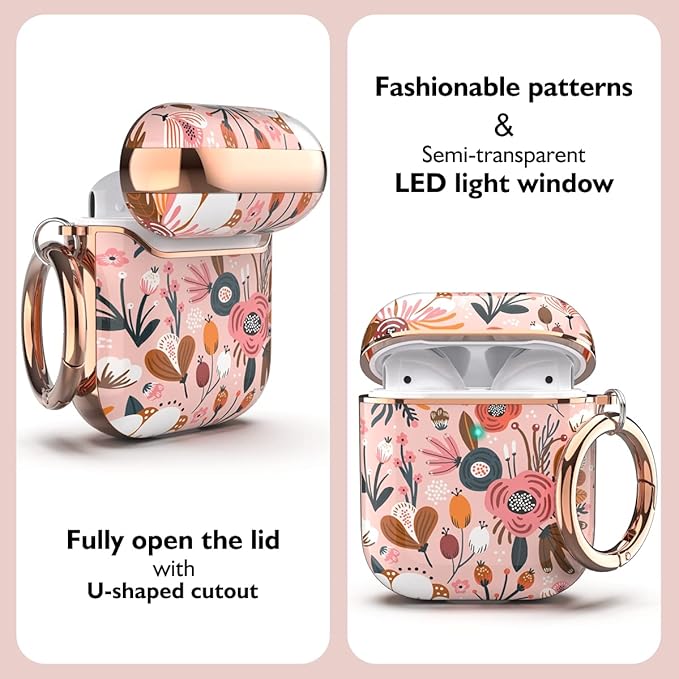 TATOFY Case Cover for AirPods 1&2, Elegant Cute Flower Patterns Protective Hard Case with Clip Keychain