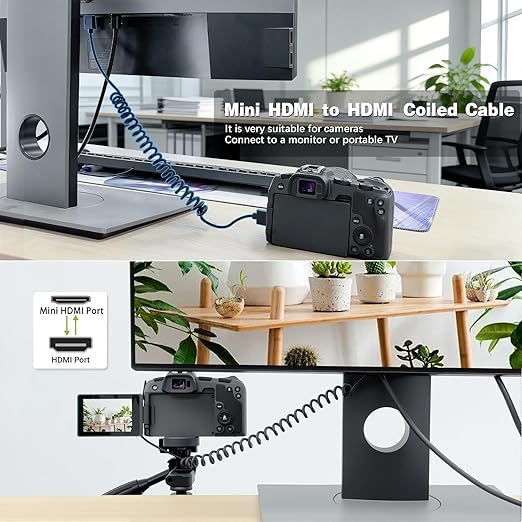 Duttek Ultra-Thin Mini HDMI to HDMI Cable, 8FT/2.5M, Coiled, HDMI to Mini HDMI Coiled Cable Support 4K Ultra HD, 1080p, 3D,for Projector, Monitor, Camcorder