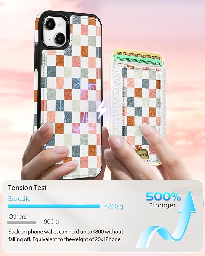 Shorogyt for iPhone 15 Wallet Case - Fits 5 Cards, Compatible with Magsafe Detachable Magnetic Credit Card Holder Leather Cardholder Cute Phone Cover Women Girls for Apple 15, Checkered