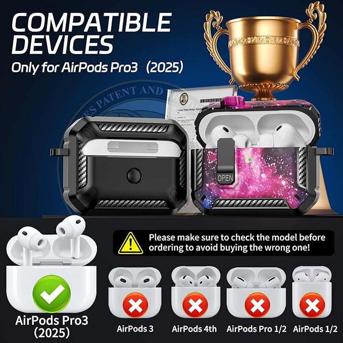 for AirPods Pro 3 Case (2025 New), Secure Lock Cases Cover with Cleaning Kit & Keychain Compatible with Airpods Pro 3rd Generation Case for Men Women, Powerful Drop Protection